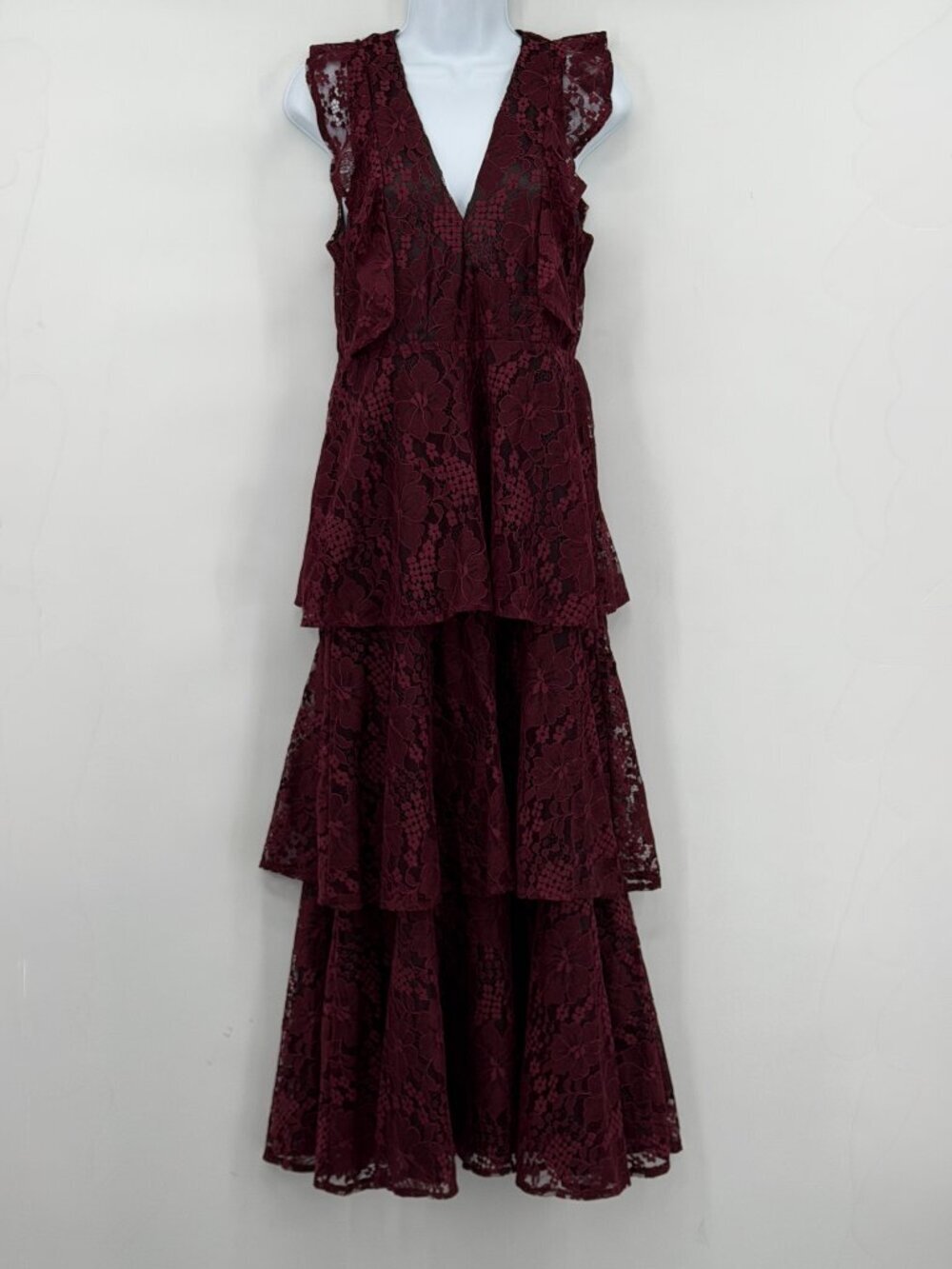 Lulus Burgundy Lace Tiered Midi Maxi Dress Women M Sleeveless Ruffle Elegant - Picture 1 of 11